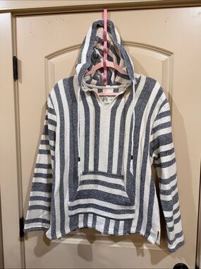 Striped Hooded Pullover Sweater in Cream and Gray